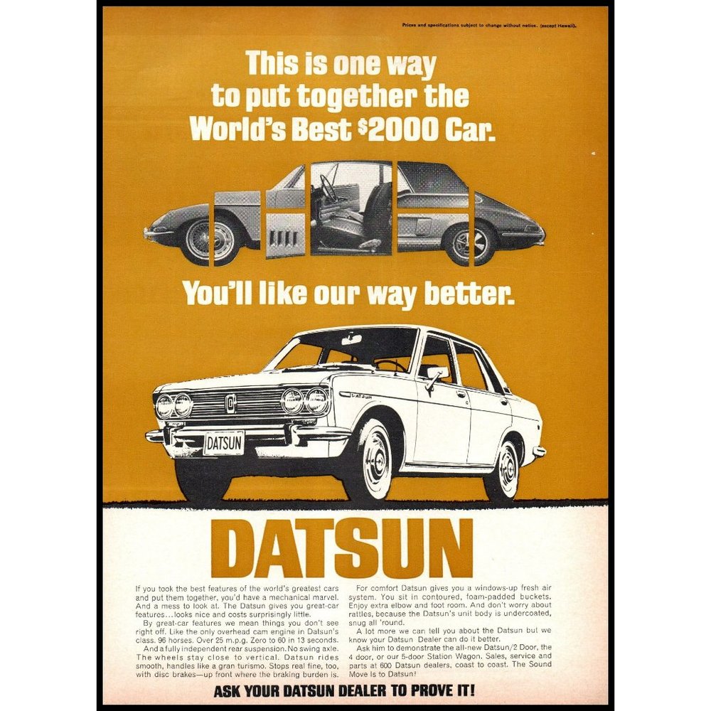 1969 Datsun 4 Door Sedan Vintage Print Ad Nissan Import Car Graphic Wall Art